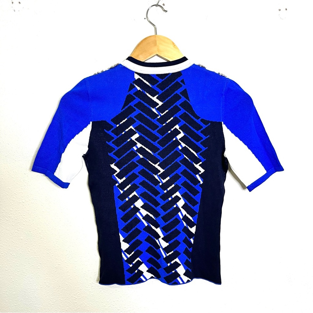 Karen Millen Blue Black sporty jacquard knit top embellished Geometric Blouse S - Picture 7 of 9
